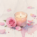 a watercolor painting of a candle and rose petals