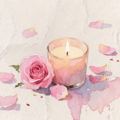 une peinture à l'aquarelle d'une bougie et de pétales de rose
