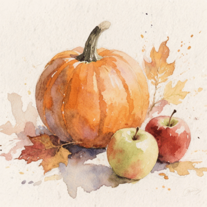 A vibrant orange pumpkin placed beside a green apple and a red apple, creating a colorful autumn scene.