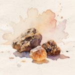 a watercolor painting of two rocks and some water