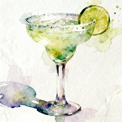 Peinture à l'eau de cocktails margarita avec une tranche de citron vert