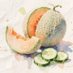 A whole cantaloupe with one slice beside it, accompanied by a few slices of green cucumber.