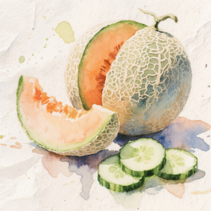 A whole cantaloupe with one slice beside it, accompanied by a few slices of green cucumber.