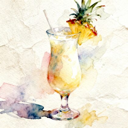 Un verre avec un liquide blanc avec un morceau d'ananas