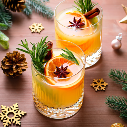 deux verres de jus d'orange et des épices sur une table en bois