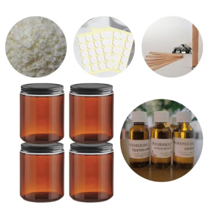 Éléments de fabrication de bougies, divers pots ambrés, huiles parfumées et autres articles