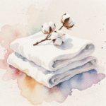 Two folded white towels with a stem of cotton flowers