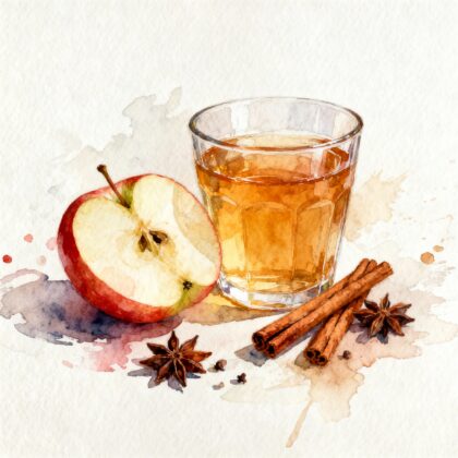 A glass of apple cider next to half juicy apple, cinnamon sticks and spices.