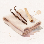 a watercolor painting of vanilla beans on a towel