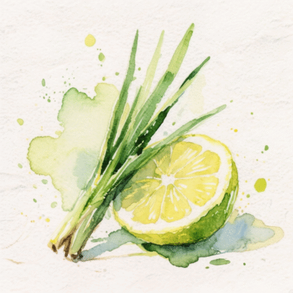 Une plante de citronnelle à côté d'un demi citron vert.