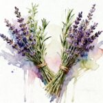 Two bundles of green herbs mixed with lavender