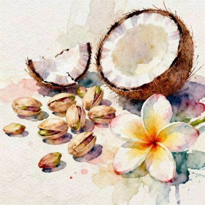 cracked pistachios with scattered nuts, an opened creamy coconut, and tropical flower