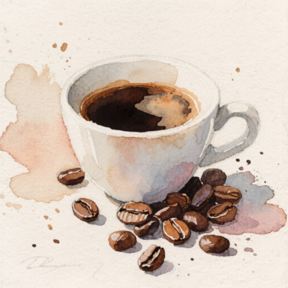 a watercolor painting of coffee beans and a cup of coffee