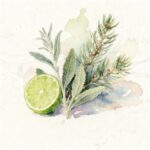 Half of lime next to green branch of white sage and branch of fir needles