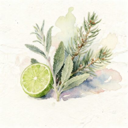 Half of lime next to green branch of white sage and branch of fir needles
