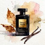 Dark fashion perfume bottle labeled "Tobacco Vanille" set against a stylish black and gold background, accompanied by a few dried tobacco leaves and two vanilla pods.