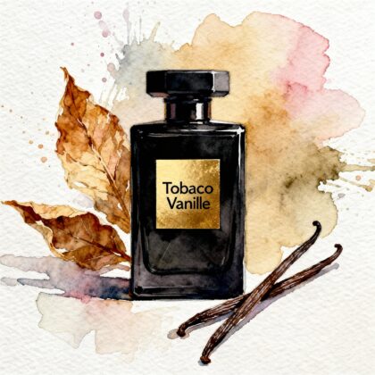 Dark fashion perfume bottle labeled "Tobacco Vanille" set against a stylish black and gold background, accompanied by a few dried tobacco leaves and two vanilla pods.