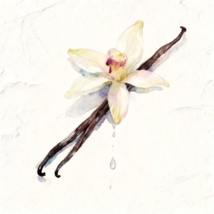 Two vanilla pods with a blossom at the top