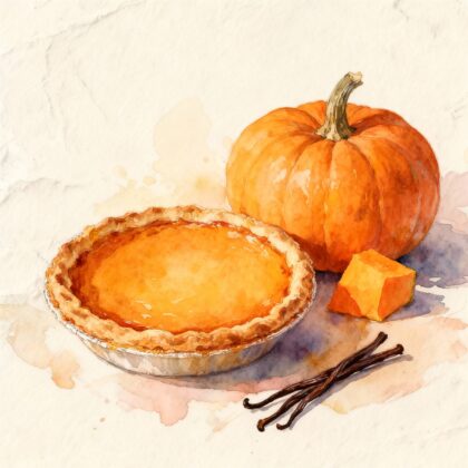 A handmade pie next to a whole orange pumpkin and 2 pods of vanilla