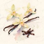 Three vanilla flowers next to two long pods with few dark brown chunks