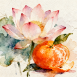 A lotus flower next to an opened mandarin