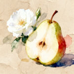 Juicy half pear next to white flower